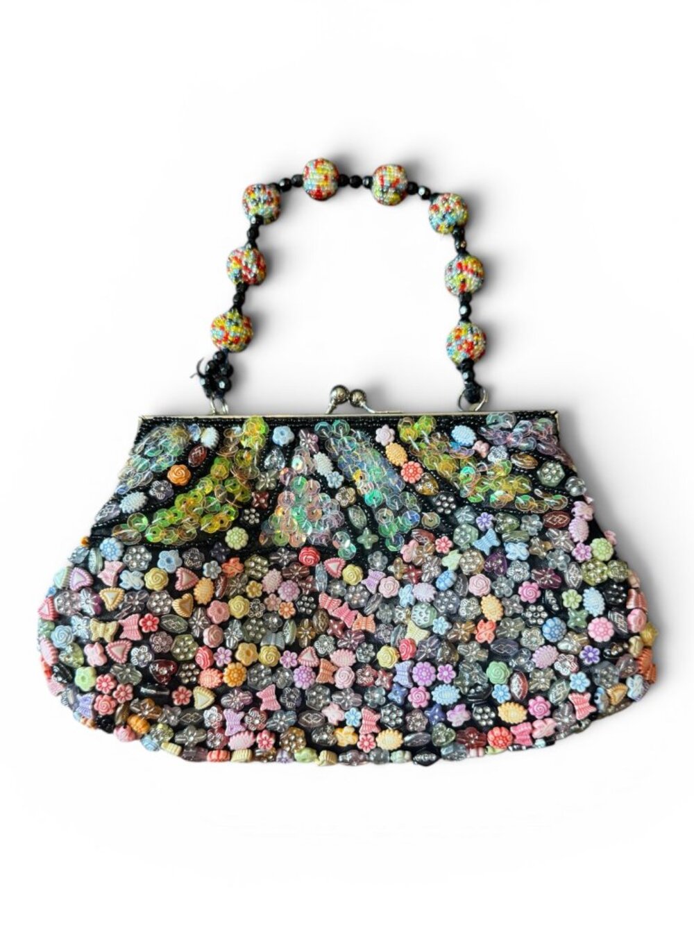 Vintage Beaded Sequin Evening Bag Kiss Lock Clutch Purse w/ Chain & Beaded Handl